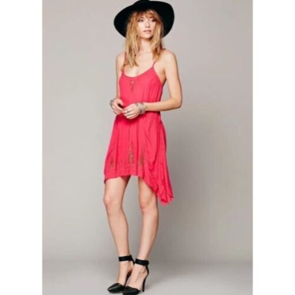 NWT Free People Pink Gold Embroidered Asymmetric Slip Dress | Boho Fairy Indie M - Picture 3 of 16